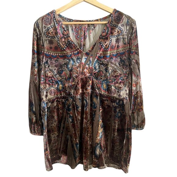 Velvet Babydoll Paisley Blouse Multicolor XL Boho Whimsygoth Hippie Fairy Grunge - Picture 1 of 8